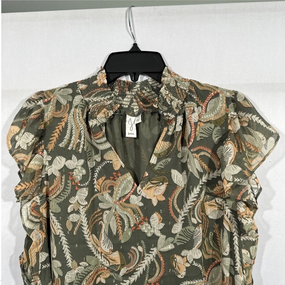 JOIE [ Large ]‎ Flutter Sleeve Floral Mock Neck Smocked Blouse Top Green - Picture 7 of 14